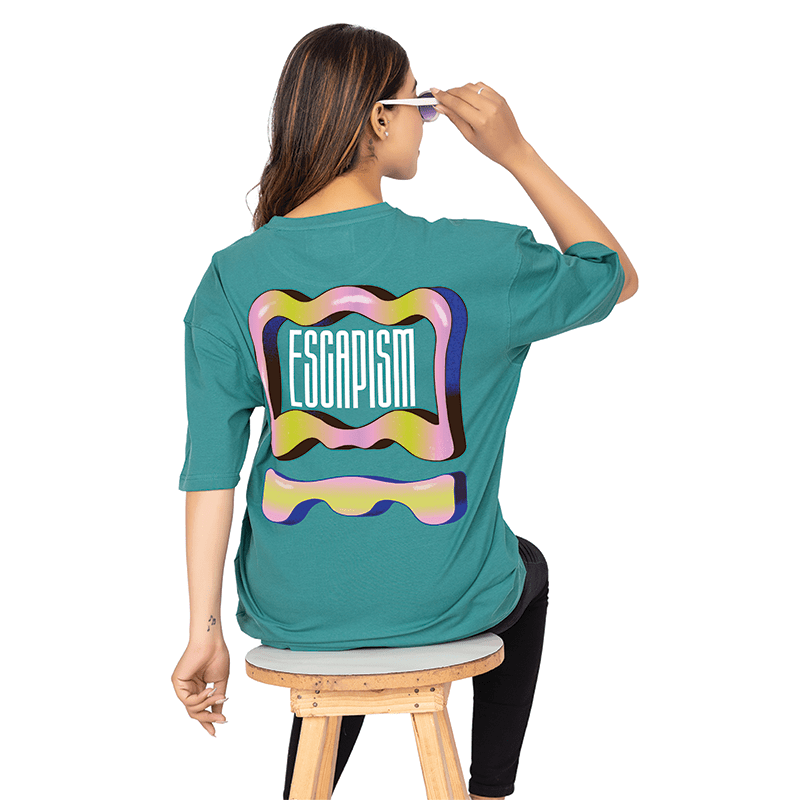 Women Teal Oversized Printed T-shirt: Escapism