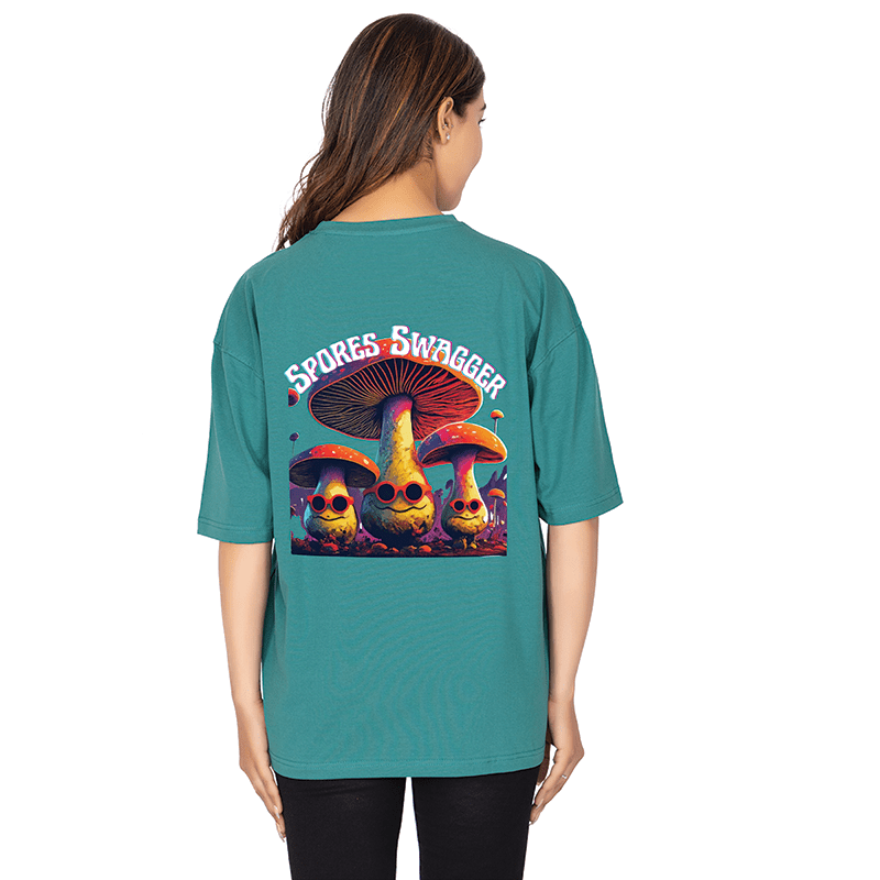 Women Teal Oversized Printed T-shirt: Spores Swagger