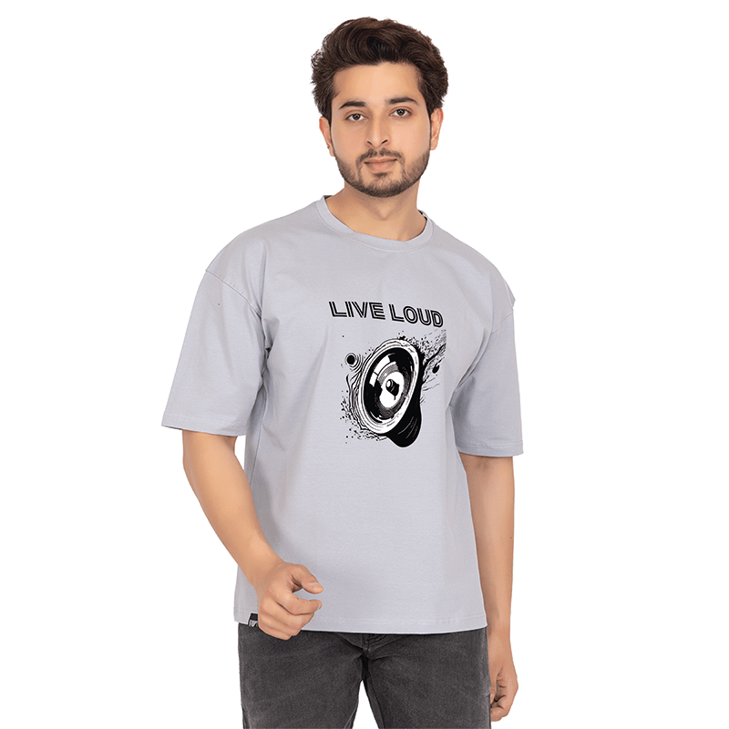 Men Grey Oversized Printed T-shirt: Live loud