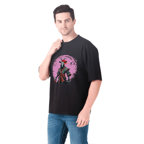 Men Black Oversized Printed T-shirt: Moonlit Ninja