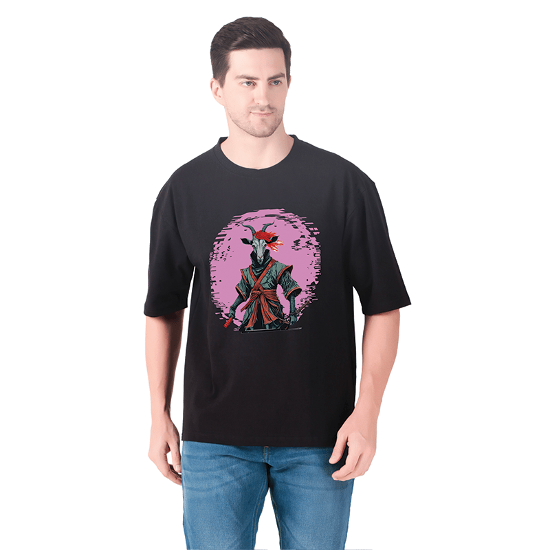 Men Black Oversized Printed T-shirt: Moonlit Ninja