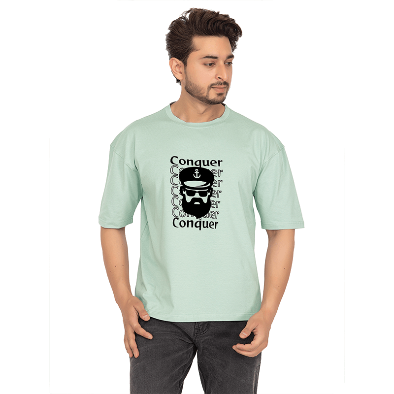 Men Slate Green Oversized Printed T-shirt: Conquer the unknown