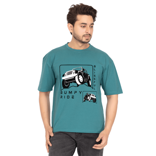 Men Teal Green Oversized Printed T-shirt: Blissfully Bumpy Ride