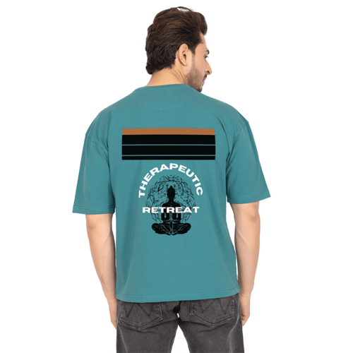 Men Teal Green Oversized Printed T-shirt: Therapeutic Retreat