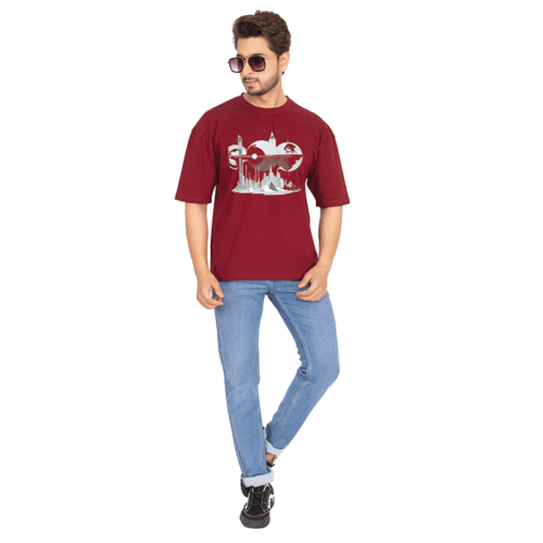 Men Maroon Oversized Printed T-shirt: futuristic