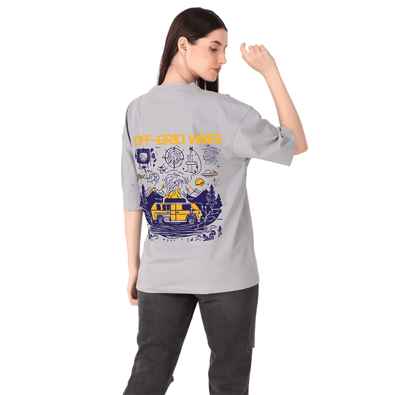 Women Grey Oversized Printed T-shirt: Off-Grid Vibes