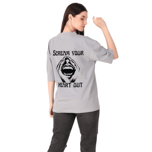 Women Grey Oversized Printed T-shirt: Scream your Heart Out