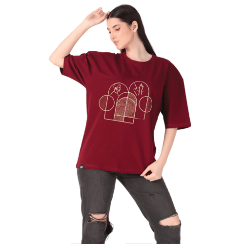 Women Maroon Printed Oversized T-shirt: Two worlds