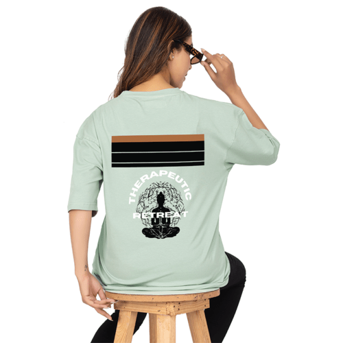 Women Slate Green Oversized Printed T-shirt: Therapeutic Retreat