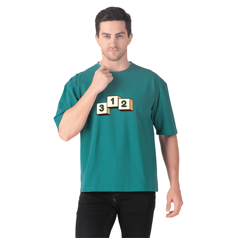 Men Teal Green Oversized Printed T-shirt: 3.2.1